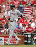 Miami Marlins' Christian Yelich arrives home after hitting a three-run home run during the sixth inning of a baseball game against the St. Louis Cardinals, Tuesday, July 4, 2017, in St. Louis. (AP Photo/Jeff Roberson)
