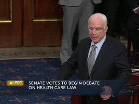 In this image from video provided by C-SPAN2, Sen. John McCain, R-Ariz. speaks the floor of the Senate on Capitol Hill in Washington, Tuesday, July 25, 2017. McCain returned to Congress for the first time since being diagnosed with brain cancer