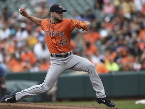 Houston Astros pitcher Lance McCullers throws against the Baltimore Orioles in the first inning of a baseball game, Sunday, July 23, 2017, in Baltimore. (AP Photo/Gail Burton)