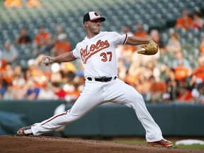 Baltimore Orioles starting pitcher Dylan Bundy throws to the Texas Rangers in the first inning of a baseball game in Baltimore, Tuesday, July 18, 2017. (AP Photo/Patrick Semansky)