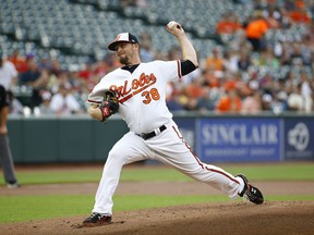 Baltimore Orioles starting pitcher Wade Miley throws to the Texas Rangers during the first inning of a baseball game in Baltimore, Thursday, July 20, 2017. (AP Photo/Patrick Semansky)
