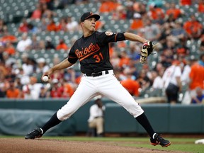 Baltimore Orioles starting pitcher Ubaldo Jimenez throws to the Houston Astros in the first inning of a baseball game in Baltimore, Friday, July 21, 2017. (AP Photo/Patrick Semansky)
