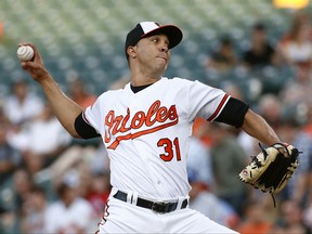 Baltimore Orioles starting pitcher Ubaldo Jimenez throws to the Kansas City Royals in the first inning of a baseball game in Baltimore, Monday, July 31, 2017. (AP Photo/Patrick Semansky)