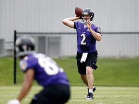 Baltimore Ravens quarterback Dustin Vaughan (2) throws to wide receiver C.J. Board during an NFL football training camp practice in Owings Mills, Md., Thursday, July 27, 2017. (AP Photo/Patrick Semansky)