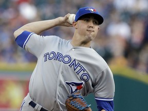 Toronto Blue Jays starting pitcher Aaron Sanchez throws during the first inning of the team's baseball game against the Detroit Tigers, Friday, July 14, 2017, in Detroit. (AP Photo/Carlos Osorio)