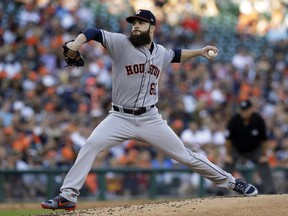 Houston Astros starting pitcher Dallas Keuchel throws during the second inning of the team's baseball game against the Detroit Tigers, Friday, July 28, 2017, in Detroit. (AP Photo/Carlos Osorio)