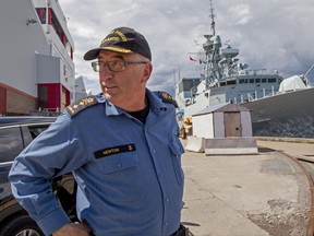 Rear Admiral John Newton, Commander of MARLANT and JTF Atlantic, arrives to speak with reporters at HMC Dockyard in Halifax, NS Tuesday July 4, 2017. The military says five men involved in a filmed confrontation at an Indigenous ceremony in Halifax are members of the Canadian Armed Forces, and any misconduct will be addressed. THE CANADIAN PRESS
