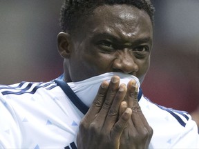 FILE - In this April 5, 2017, file photo, Vancouver Whitecaps' Alphonso Davies waits for Tigres to take a corner kick during the second half of the second leg in a CONCACAF Champions League soccer semifinal in Vancouver, British Columbia.