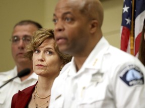 during a news conference as Mayor Betsy Hodges looks on,  Wednesday, July 26, 2017 in Minneapolis.  The acting police chief  made the announcement amid the investigation into an officer's fatal shooting of Justine Damond
an Australian woman who called 911 for help on July 15. (David Joles /Star Tribune via AP)