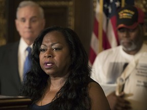 Valerie Castile, mother of Philando Castile, speaks during a news conference one year after her son was fatally shot by St. Anthony police Officer Jeronimo Yanez during a routine traffic stop, Thursday, July 6, 2017, in St. Paul, Minn. Castile's mother, uncle and other family members gathered with Democratic Gov. Mark Dayton at the Capitol Thursday as they encouraged the state's police training board to name the recently created $12 million training fund after Castile.(Jerry Holt/Star Tribune via AP)