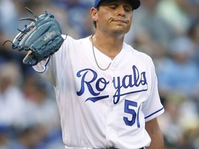 Kansas City Royals pitcher Jason Vargas reacts after walking a batter during the fifth inning of the team's baseball game against the Chicago White Sox at Kauffman Stadium in Kansas City, Mo., Saturday, July 22, 2017. (AP Photo/Colin E. Braley)