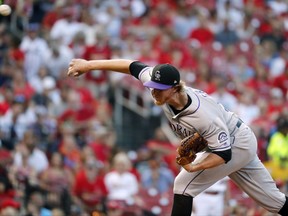 Colorado Rockies starting pitcher Jon Gray throws during the first inning of the team's baseball game against the St. Louis Cardinals on Tuesday, July 25, 2017, in St. Louis. (AP Photo/Jeff Roberson)