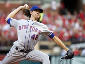 New York Mets starting pitcher Jacob deGrom throws during the first inning of a baseball game against the St. Louis Cardinals, Friday, July 7, 2017, in St. Louis. (AP Photo/Jeff Roberson)