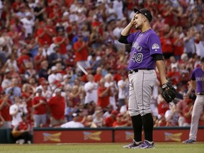 Colorado Rockies starting pitcher Antonio Senzatela pauses after giving up a two-run home run to St. Louis Cardinals' Randal Grichuk during the fourth inning of a baseball game Monday, July 24, 2017, in St. Louis. (AP Photo/Jeff Roberson)