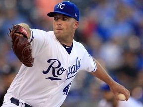 Kansas City Royals starting pitcher Danny Duffy delivers to a Detroit Tigers batter during the first inning of a baseball game at Kauffman Stadium in Kansas City, Mo., Thursday, July 20, 2017. (AP Photo/Orlin Wagner)