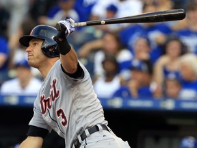 Detroit Tigers' Ian Kinsler singles off Kansas City Royals starting pitcher Jason Hammel during the first inning of a baseball game at Kauffman Stadium in Kansas City, Mo., Wednesday, July 19, 2017. Kinsler scored later in the inning. (AP Photo/Orlin Wagner)