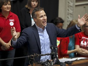 FILE - In this June 14, 2017, file photo, Missouri Gov. Eric Greitens addresses the crowd during an anti-abortion rally in the Statehouse in Jefferson City, Mo. Missouri lawmakers are considering a lengthy abortion bill to add more regulations to the procedure and target a St. Louis ordinance banning discrimination based on reproductive health decisions. Greitens said he called lawmakers back to the Capitol in part because of the local ordinance. (David Carson/St. Louis Post-Dispatch via AP, File)