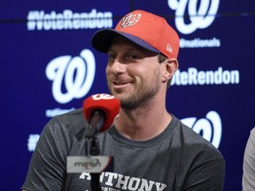 Washington Nationals All-Star pitcher Max Scherzer speaks during a press conference before a baseball game against the New York Mets, Monday, July 3, 2017, in Washington. (AP Photo/Nick Wass)
