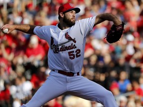 St. Louis Cardinals starting pitcher Michael Wacha throws during the first inning of the team's baseball game against the Washington Nationals on Saturday, July 1, 2017, in St. Louis. (AP Photo/Jeff Roberson)