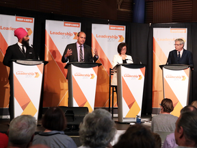 NDP leadership candidates Jagmeet Singh, Guy Caron, Niki Ashton and Charlie Angus during a debate in Sudbury in May.