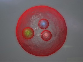 In this image provided by CERN, shows a artists conception of a new subatomic particle. Scientists at the Large Hadron Collider in Europe have discovered a new subatomic particle. It's a long theorized but never-before-seen type of baryon. Baryons are subatomic particles made up of quarks. This particle is the first of its kind two have two heavy quarks, both a type called "charm." (CERN via AP)
