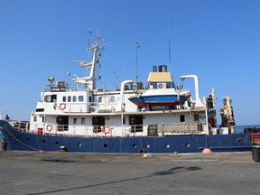 A view of the C Star ship docked at Famagusta port in Turkish Cypriots breakaway northern part of the island of Cyprus, Thursday, July 27, 2017. An official says Turkish Cypriot authorities in the breakaway north of ethnically split Cyprus have ordered the captain and crew of a ship chartered by an anti-immigrant group to leave the island after being detained on suspicion of forging the documents of 20 Sri Lankans said to be apprentice sailors. (AP Photo)
