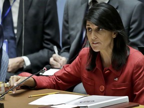 In this July 5, 2017, photo United States U.N. Ambassador Nikki Haley, respond to Russia's statements, during United Nations Security Council meeting on North Korea's latest launch of an intercontinental ballistic missile, at U.N. headquarters.Having lost patience with China, the Trump administration is studying new steps to starve North Korea of cash for its nuclear program, including an option that would infuriate Beijing: sanctions on Chinese companies that help keep the North's economy afloat. (AP Photo/Bebeto Matthews)