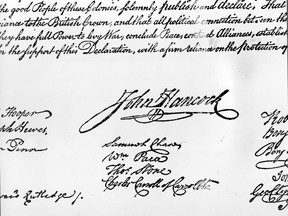 FILE - This undated file photo shows John Hancock's signature on the Declaration of Independence, which was formally signed by 56 members of Congress beginning Aug. 2, 1776. National Public Radio marked Independence Day on July 4th, 2017, by tweeting the entire declaration, but it seems some Twitter users didn't recognize what they were reading. Some of the founders' criticisms of King George III were met with angry responses from supporters of President Donald Trump, who seemed to believe the tweets were a reference to the current president. Others were under the impression NPR was trying to provoke Trump with the tweets. (AP Photo, File)