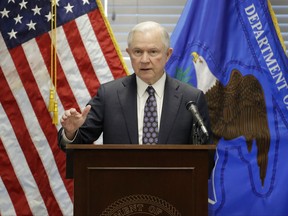 Attorney General Jeff Sessions speaks to federal, state and local law enforcement officials about sanctuary cities and efforts to combat violent crime, Wednesday, July 12, 2017, in Las Vegas.  (AP Photo/John Locher)