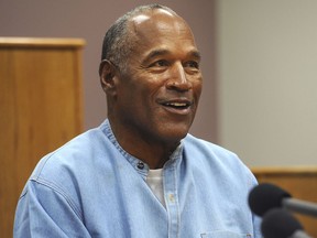 Former NFL football star O.J. Simpson appears via video for his parole hearing at the Lovelock Correctional Center in Lovelock, Nev., on Thursday, July 20, 2017.  Simpson was granted parole Thursday after more than eight years in prison for a Las Vegas hotel heist, successfully making his case in a nationally televised hearing that reflected America's enduring fascination with the former football star.  (Jason Bean/The Reno Gazette-Journal via AP, Pool)