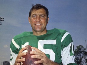 FILE - In this 1969 file photo, New York Jets quarterback Vito "Babe" Parilli poses for a photo at NFL football training camp at Hofstra University in Hempstead, N.Y. Parilli, the former Patriots quarterback who starred in the team's American Football League days, died Saturday, July 15, 2017. He was 87. New England announced the death. The cause of death wasn't disclosed. (He was the backup to Joe Namath when the Jets won the Super Bowl in 1969. (AP Photo, File)