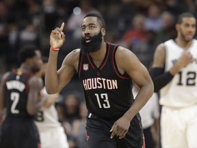 CORRECTS TERMS OF CONTRACT - FILE - In this May 9, 2017, file photo, Houston Rockets guard James Harden (13) gestures during Game 5 in the team's second-round NBA basketball playoff series against the San Antonio Spurs in San Antonio. The Rockets signed Harden to a four-year contract extension for about $160 million Saturday, July 8, giving him a total six-year deal with $228 million guaranteed. With Harden under contract on his existing deal for another two seasons, the extension will not affect Houston's aggressive pursuit of free agents this summer as the Rockets try to make a run at the Golden State Warriors. (AP Photo/Eric Gay, File)