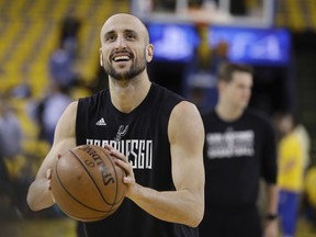 FILE - In this May 16, 2017, file photo, San Antonio Spurs' Manu Ginobili warms up for Game 2 of the the team's NBA basketball Western Conference final against the Golden State Warriors, in Oakland, Calif. Ginobili announced on Wednesday, July 19, 2017, that he will play a 16th season with the Spurs. The Argentine guard who turns 40 next week made the announcement with a brief message on his Twitter account. (AP Photo/Marcio Jose Sanchez, File)