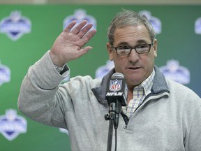 FILE - In this March 1, 2017, file photo, Carolina Panthers general manager Dave Gettleman speaks during a press conference at the NFL Combine in Indianapolis.  The Panthers have fired general manager Dave Gettleman less than two weeks before the opening of training camp. Team owner Jerry Richardson said Monday, July 17, 2017, in a statement he made the decision after a long evaluation of the team's football operations. (AP Photo/Michael Conroy, File)