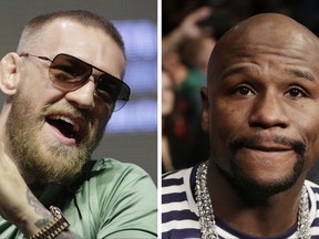 FILE - At left, in a July 7, 2016, file photo, Conor McGregor speaks during a UFC 202 mixed martial arts news conference, in Las Vegas. At right, in a Jan. 28, 2017, file photo, boxer Floyd Mayweather Jr. attends a fight in Las Vegas. It's still early, but give Round 1 of the trash talk battle between McGregor and Mayweather Jr. to the Irish MMA star. (AP Photo/John Locher, File)