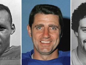 FILE - From left are file photos showing former football players Ollie Matson, in 1964, Earl Morrall in 1971 and John Grimsley in 1987. This week, The Associated Press interviewed the surviving relatives of more than a dozen players involved in a study about living and dying with CTE. (AP Photo/File)