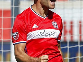 FILE - In this June 10, 2017, file photo, Chicago Fire forward Nemanja Nikolic celebrates after scoring on a penalty kick against Atlanta United goalkeeper Alec Kann during the second half of an MLS soccer match in Bridgeview, Ill. Just six months after his arrival, Nikolic has fit right in with the Fire and he is scoring lots of goals. (AP Photo/Kamil Krzaczynski, File)