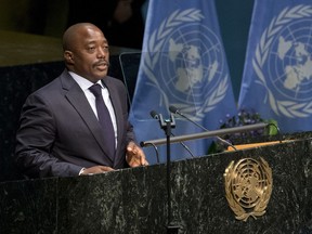 FILE - In this file photo dated Friday, April 22, 2016, Congolese President Joseph Kabila at U.N. headquarters. The UN Security Council is urging Congo's government to swiftly implement an agreement to hold presidential elections by the end of the year. The head of Congo's electoral commission announced July 7, 2017, that it would not be possible to organize a ballot by Dec. 31. Kabila is barred from seeking re-election but can stay in power until another election is held. (AP Photo/Mary Altaffer, File)