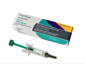 This photo provided by Janssen Biotech, Inc. shows the drug Tremfya. On Thursday, July 13, 2017, the Food and Drug Administration approved the new drug Tremfya, from Johnson & Johnson, for people with moderate to severe plaque psoriasis. (Janssen Biotech, Inc. via AP)