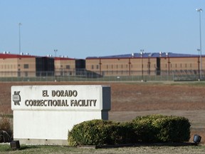 FILE - This March 23, 2011, photo shows the El Dorado Correctional Facility near El Dorado, Kan. There has been another inmate disturbance at the troubled Kansas prison, a senior union official said, in at least the fourth incident at the facility over the last three months. Robert Choromanski, executive director of the Kansas Organization of State Employees, told The Associated Press late Friday, July 28, 2017, that a Special Security Team was called to the prison earlier in the evening after 30 inmates refused to stand down. He said the information came from a prison employee who was monitoring emergency communications. No other details were immediately available.  (AP Photo/Orlin Wagner, File)