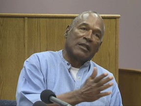 Former NFL football star O.J. Simpson appears via video for his parole hearing at the Lovelock Correctional Center in Lovelock, Nev., on Thursday, July 20, 2017.
