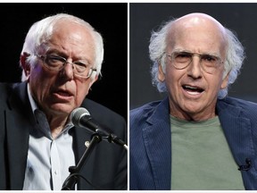 FILE - In this combination photo, Sen. Bernie Sanders, I-Vt., left, and speaks at a rally on April 20, 2017, in Omaha, Neb., and actor-producer Larry David appears at the "Curb Your Enthusiasm" panel during the HBO Television Critics Association Summer Press Tour in Beverly Hills, Calif. An episode of "Finding Your Roots" on PBS will reveal that Sanders and David are distant relatives. The show's upcoming fourth season will premiere on Oct. 3. (AP Photo/Charlie Neibergall, left and Chris Pizzello, File)