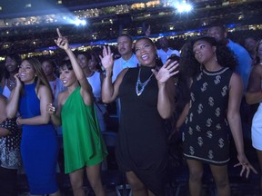 This image released by Universal Pictures shows Regina Hall, from left, Jada Pinkett Smith, Queen Latifah and Tiffany Haddish in a scene from the comedy "Girls Trip." (Michele K. Short/Universal Pictures via AP)