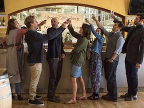 This image released by Netflix shows, from left, Annie Parisse, Nat Faxon, Keegan-Michael Key, Cobie Smulders, Jae Suh Park, Fred Savage, Billy Eichner in "Friends From College," premiering on Friday. (David Lee/Netflix via AP)