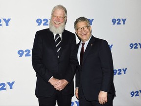 FILE - In this May 30, 2017 file photo, Sen. Al Franken, D-Minn., right, and former talk show host David Letterman arrive for their conversation at 92Y in New York. Letterman and Franken have teamed up with the Primetime Emmy Award-winning series "Years of Living Dangerously" and "Funny or Die" to create a series of shorts in which they discuss everything from carbon emissions to Letterman's retirement beard. (Photo by Evan Agostini/Invision/AP, File)