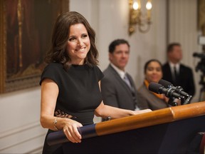This image released by HBO shows Julia Louis-Dreyfus in "Veep." Louis-Dreyfus was nominated for an Emmy Award for outstanding lead actress in a comedy series on Thursday, July 13, 2017. The Emmy Awards ceremony, airing Sept. 17 on CBS, will be hosted by Stephen Colbert. (Colleen Hayes/HBO via AP)