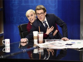 This May 5, 2017 image released by NBC shows Kate McKinnon as Mika Brzezinski, left, and Alex Moffat as Joe Scarborough in a sketch from, "Saturday Night Live," in New York. McKinnon was nominated for an Emmy Award for outstanding supporting actress in a comedy series on Thursday, July 13, 2017. The Emmy Awards ceremony, airing Sept. 17 on CBS, will be hosted by Stephen Colbert. (Will Heath/NBC via AP)