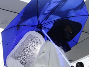 This July 11, 2017 photo show a model wearing fashion by Raf Simons during Men's Fashion Week in New York. (AP Photo/Frank Franklin II)