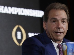 FILE - In this Jan. 8, 2017, file photo, Alabama head coach Nick Saban answers questions during a news conference for the NCAA college football playoff championship game in Tampa, Fla. It's Nick Saban and Alabama's turn at Southeastern Conference media days. The contingent from the Crimson Tide, the popular pick to win a fourth straight SEC title, makes the short trip from Tuscaloosa and as usual is expected to greeted by a large group of fans in the hotel lobby. (AP Photo/David J. Phillip, File)
