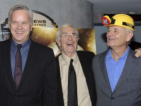 FILE - In this Oct. 7, 2008, file photo, Tim Robbins, from left, Martin Landau and Bill Murray attend a special screening of "City of Ember" in New York. Landau died Saturday, July 15, 2017, of unexpected complications during a short stay at UCLA Medical Center, his publicist Dick Guttman said. Landau was known as the chameleon-like actor who gained fame as the crafty master of disguise in the 1960s TV show "Mission: Impossible," then capped a long and versatile career with an Oscar for his poignant portrayal of aging horror movie star Bela Lugosi in 1994's "Ed Wood." He was 89. (AP Photo/Evan Agostini, File)